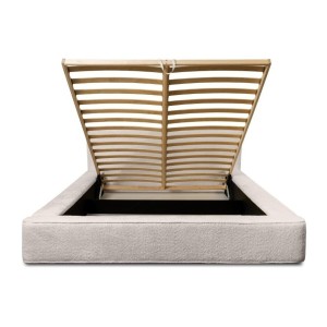 Lit coffre DENALI – Beige poudré bouclé – 140x200 cm – Tissu velours doux – Sommier relevable – Rangement intégré 