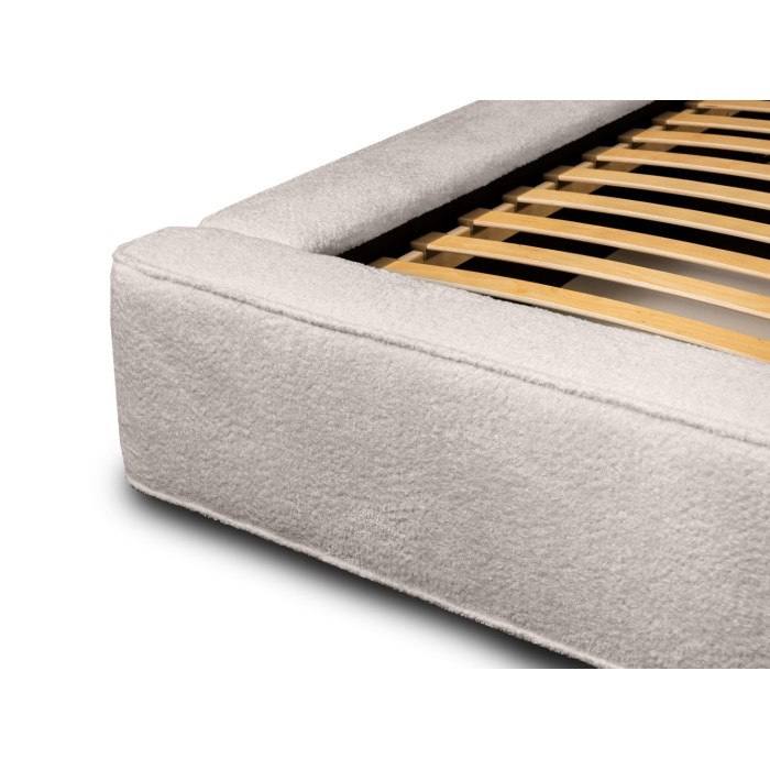 Lit coffre DENALI – Beige poudré bouclé – 140x200 cm – Tissu velours doux – Sommier relevable – Rangement intégré 