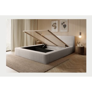 Lit coffre DENALI – Beige poudré bouclé – 140x200 cm – Tissu velours doux – Sommier relevable – Rangement intégré 