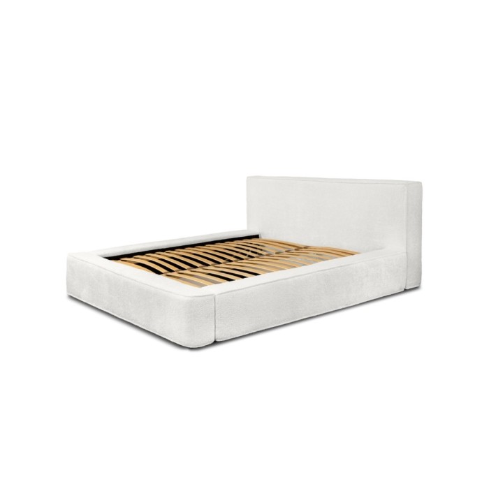 Lit coffre DENALI – Blanc alpin bouclé – 180x200 cm – Tissu velours doux – Sommier relevable – Rangement intégré 