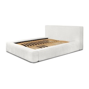 Lit coffre DENALI – Blanc alpin bouclé – 180x200 cm – Tissu velours doux – Sommier relevable – Rangement intégré 