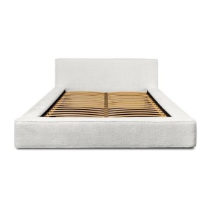 Lit coffre DENALI – Blanc alpin bouclé – 180x200 cm – Tissu velours doux – Sommier relevable – Rangement intégré 