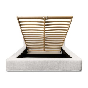 Lit coffre DENALI – Blanc alpin bouclé – 180x200 cm – Tissu velours doux – Sommier relevable – Rangement intégré 