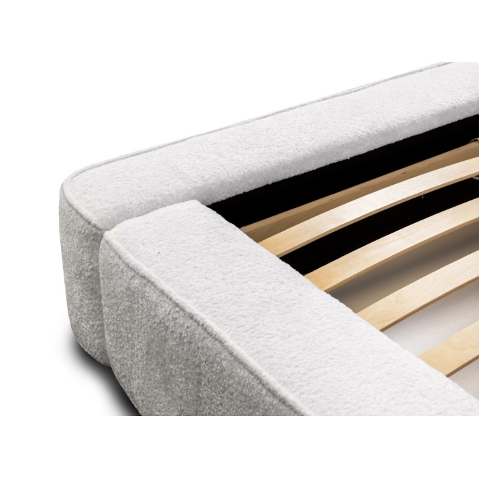 Lit coffre DENALI – Blanc alpin bouclé – 180x200 cm – Tissu velours doux – Sommier relevable – Rangement intégré 