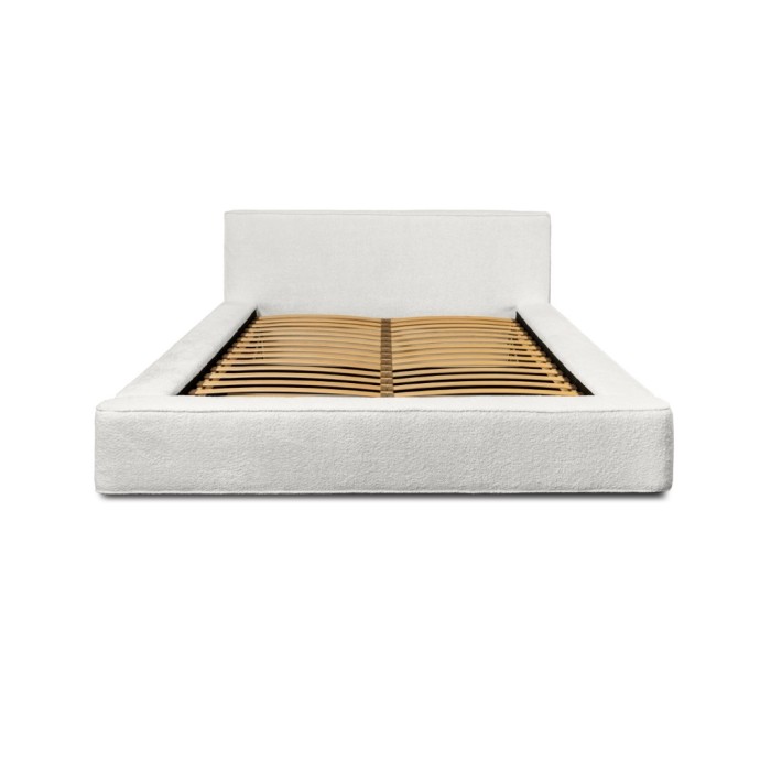 Lit coffre DENALI – Blanc alpin bouclé – 160x200 cm – Tissu velours doux – Sommier relevable – Rangement intégré 