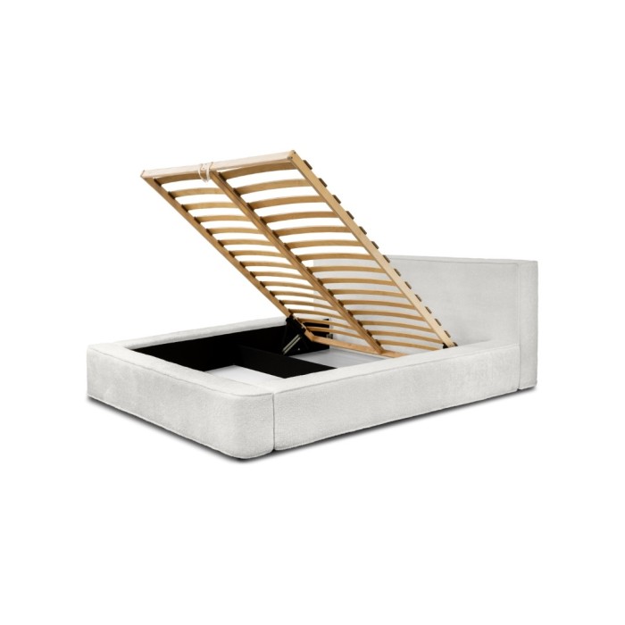 Lit coffre DENALI – Blanc alpin bouclé – 160x200 cm – Tissu velours doux – Sommier relevable – Rangement intégré 