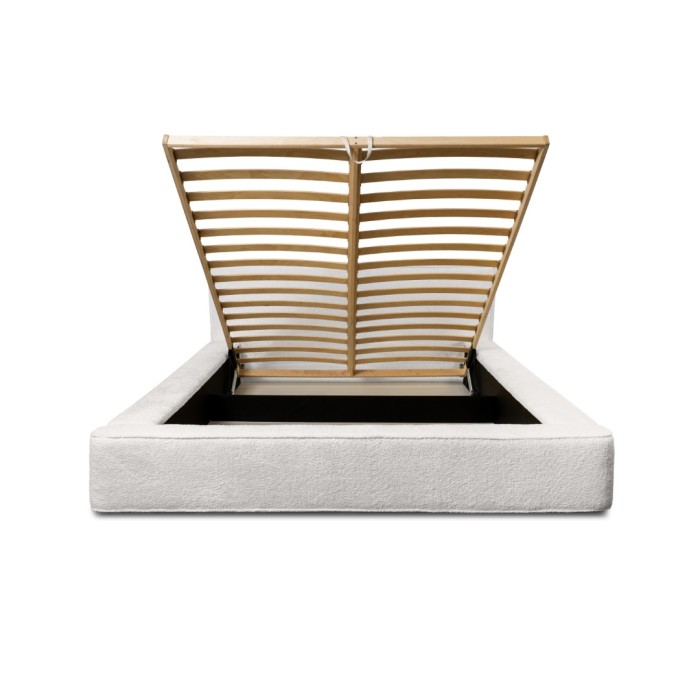 Lit coffre DENALI – Blanc alpin bouclé – 160x200 cm – Tissu velours doux – Sommier relevable – Rangement intégré 