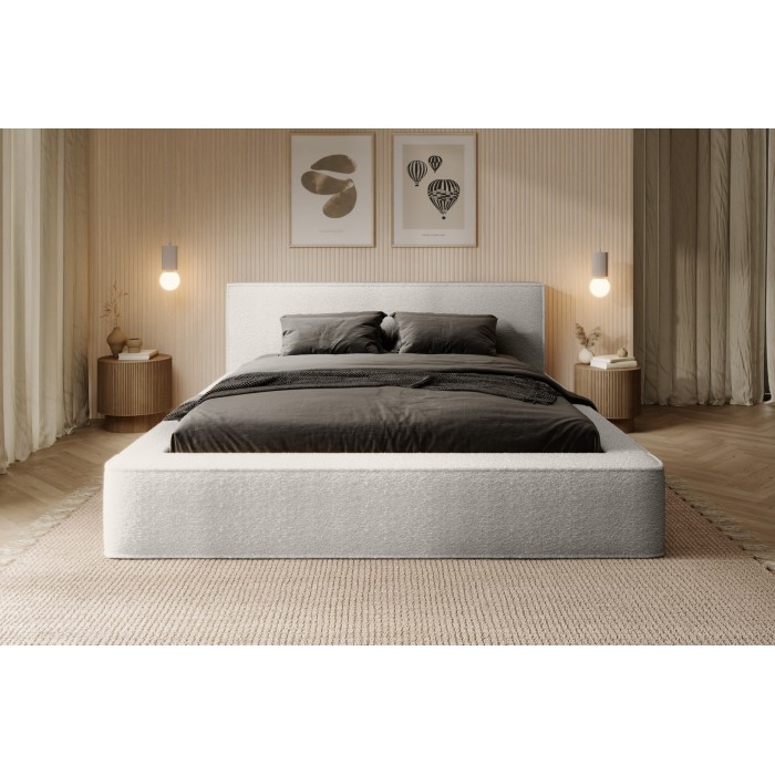 Lit coffre DENALI – Blanc alpin bouclé – 160x200 cm – Tissu velours doux – Sommier relevable – Rangement intégré