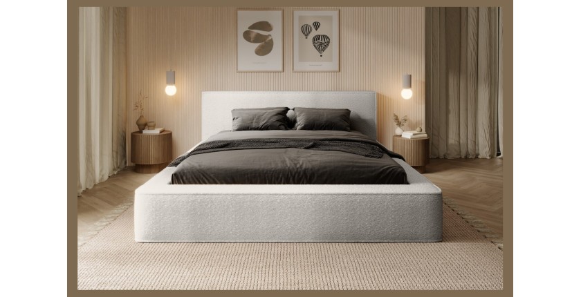 Lit coffre DENALI – Blanc alpin bouclé – 160x200 cm – Tissu velours doux – Sommier relevable – Rangement intégré