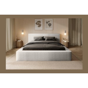 Lit coffre DENALI – Blanc alpin bouclé – 160x200 cm – Tissu velours doux – Sommier relevable – Rangement intégré