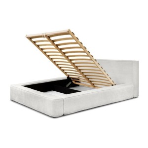 Lit coffre DENALI – Blanc alpin bouclé – 140x200 cm – Tissu velours doux – Sommier relevable – Rangement intégré 