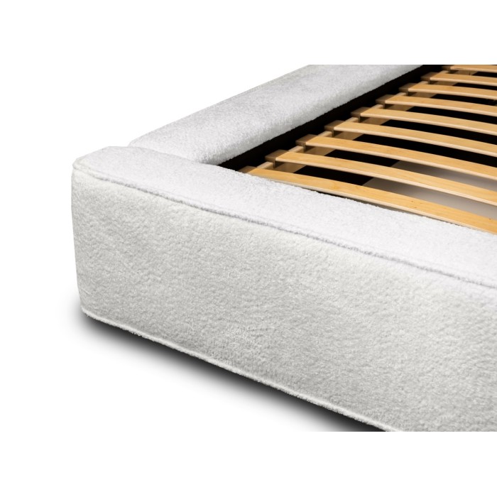 Lit coffre DENALI – Blanc alpin bouclé – 140x200 cm – Tissu velours doux – Sommier relevable – Rangement intégré 