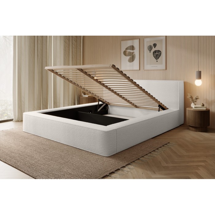 Lit coffre DENALI – Blanc alpin bouclé – 140x200 cm – Tissu velours doux – Sommier relevable – Rangement intégré 