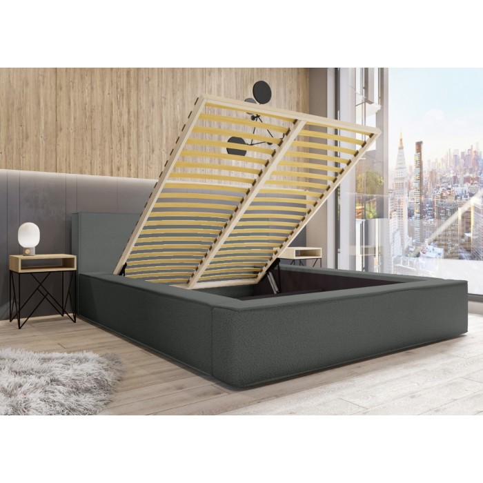 Lit coffre DENALI – Ardoise bouclé – 180x200 cm – Tissu velours doux – Sommier relevable – Rangement intégré 