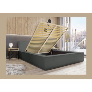 Lit coffre DENALI – Ardoise bouclé – 180x200 cm – Tissu velours doux – Sommier relevable – Rangement intégré 