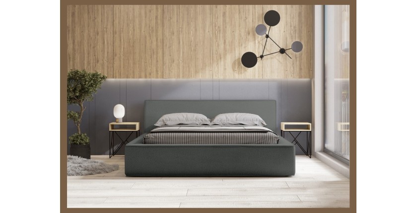 Lit coffre DENALI – Ardoise bouclé – 160x200 cm – Tissu velours doux – Sommier relevable – Rangement intégré