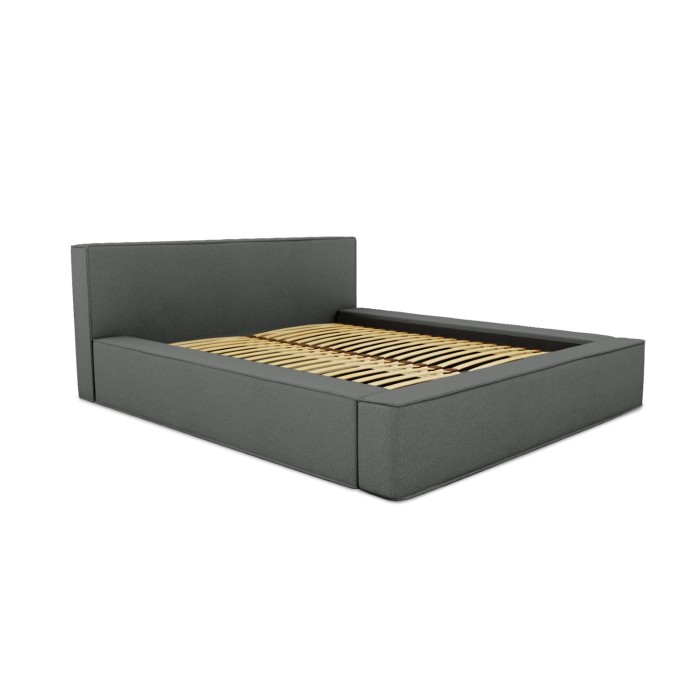 Lit coffre DENALI – Ardoise bouclé – 140x200 cm – Tissu velours doux – Sommier relevable – Rangement intégré 