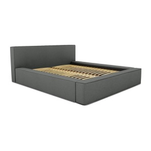 Lit coffre DENALI – Ardoise bouclé – 140x200 cm – Tissu velours doux – Sommier relevable – Rangement intégré 
