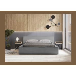 Lit coffre DENALI – Gris sable bouclé – 180x200 cm – Tissu velours doux – Sommier relevable – Rangement intégré