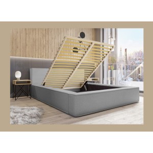 Lit coffre DENALI – Gris sable bouclé – 180x200 cm – Tissu velours doux – Sommier relevable – Rangement intégré 