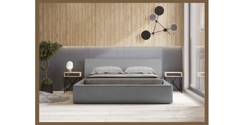Lit coffre DENALI – Gris sable bouclé – 160x200 cm – Tissu velours doux – Sommier relevable – Rangement intégré