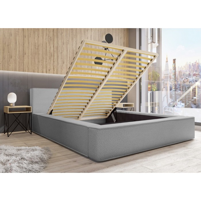 Lit coffre DENALI – Gris sable bouclé – 160x200 cm – Tissu velours doux – Sommier relevable – Rangement intégré 