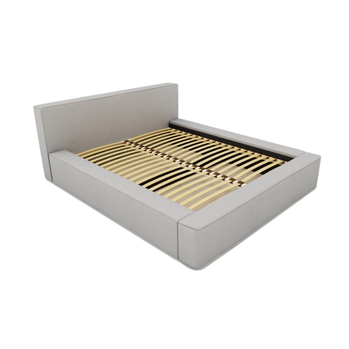 Lit coffre DENALI – Gris sable bouclé – 140x200 cm – Tissu velours doux – Sommier relevable – Rangement intégré 