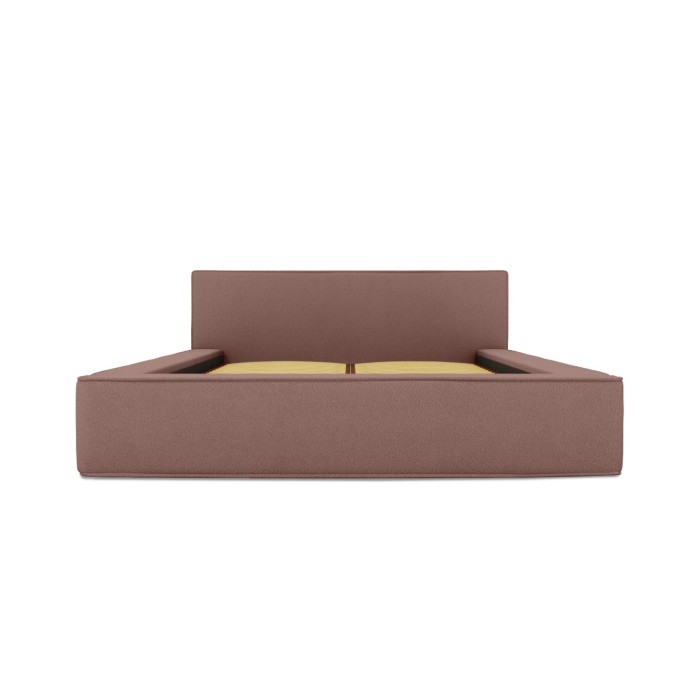 Lit coffre DENALI – Terre-cuite bouclé – 180x200 cm – Tissu velours doux – Sommier relevable – Rangement intégré 