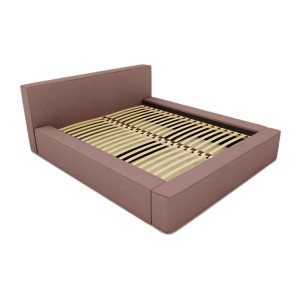 Lit coffre DENALI – Terre-cuite bouclé – 180x200 cm – Tissu velours doux – Sommier relevable – Rangement intégré 