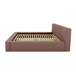 Lit coffre DENALI – Terre-cuite bouclé – 180x200 cm – Tissu velours doux – Sommier relevable – Rangement intégré 