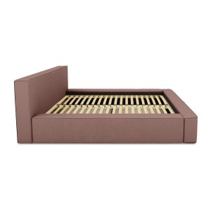 Lit coffre DENALI – Terre-cuite bouclé – 180x200 cm – Tissu velours doux – Sommier relevable – Rangement intégré 