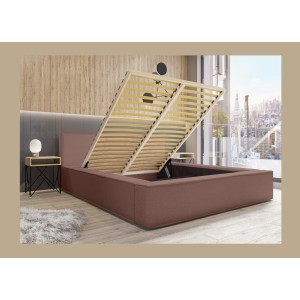 Lit coffre DENALI – Terre-cuite bouclé – 180x200 cm – Tissu velours doux – Sommier relevable – Rangement intégré 