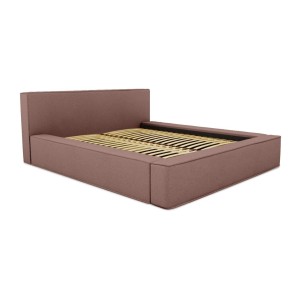 Lit coffre DENALI – Terre-cuite bouclé – 160x200 cm – Tissu velours doux – Sommier relevable – Rangement intégré 