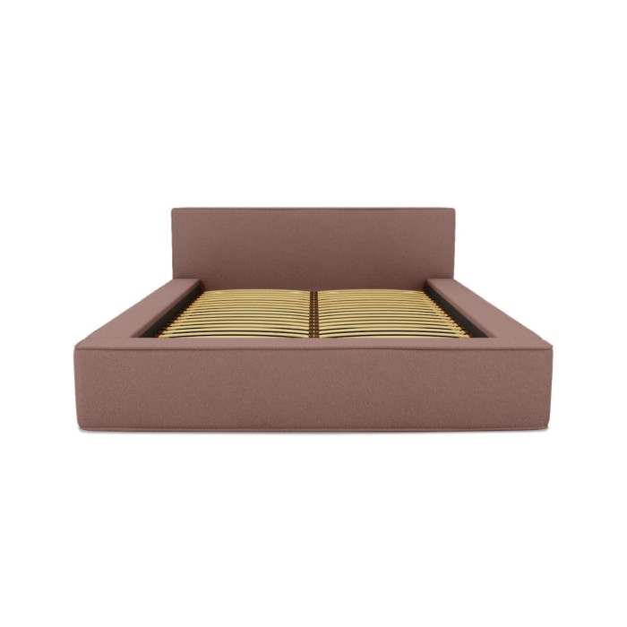 Lit coffre DENALI – Terre-cuite bouclé – 160x200 cm – Tissu velours doux – Sommier relevable – Rangement intégré 