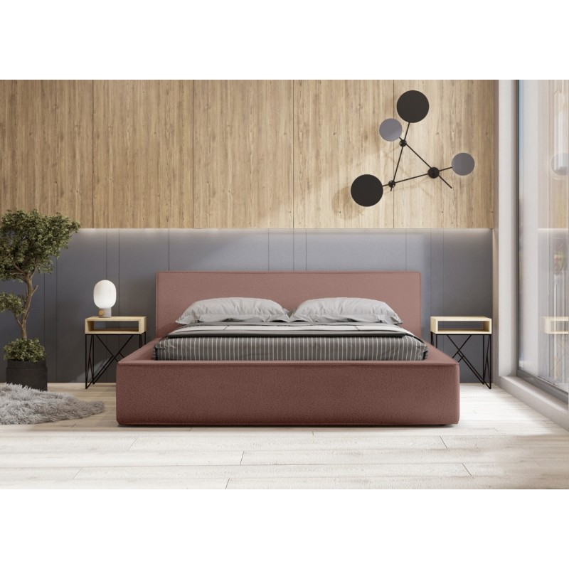 Lit coffre DENALI – Terre-cuite bouclé – 160x200 cm – Tissu velours doux – Sommier relevable – Rangement intégré