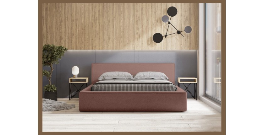 Lit coffre DENALI – Terre-cuite bouclé – 160x200 cm – Tissu velours doux – Sommier relevable – Rangement intégré