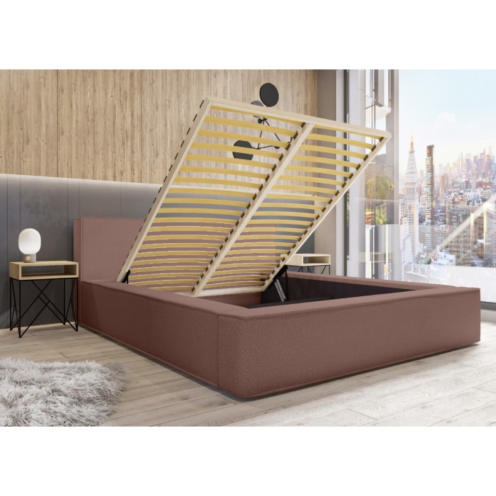 Lit coffre DENALI – Terre-cuite bouclé – 160x200 cm – Tissu velours doux – Sommier relevable – Rangement intégré 