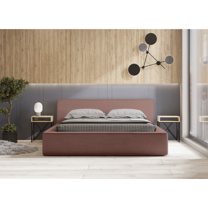 Lit coffre DENALI – Terre-cuite bouclé – 140x200 cm – Tissu velours doux – Sommier relevable – Rangement intégré