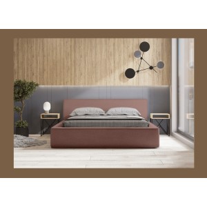 Lit coffre DENALI – Terre-cuite bouclé – 140x200 cm – Tissu velours doux – Sommier relevable – Rangement intégré