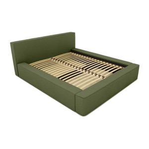 Lit coffre DENALI – Olive bouclé – 180x200 cm – Tissu velours doux – Sommier relevable – Rangement intégré 