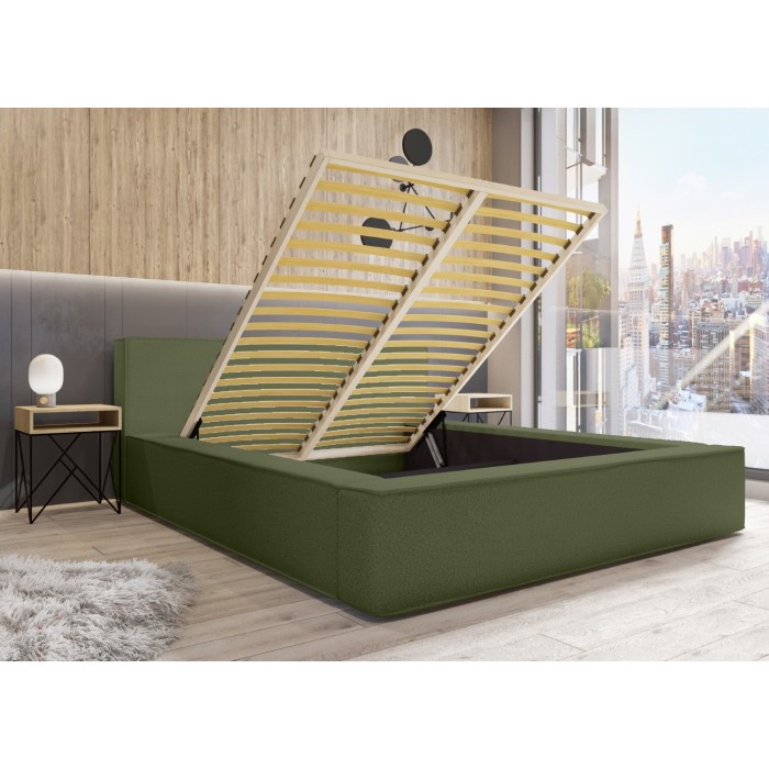 Lit coffre DENALI – Olive bouclé – 180x200 cm – Tissu velours doux – Sommier relevable – Rangement intégré 