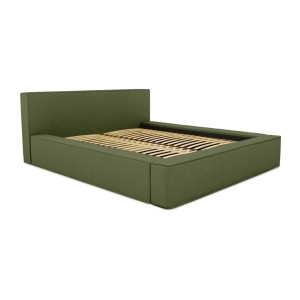 Lit coffre DENALI – Olive bouclé – 160x200 cm – Tissu velours doux – Sommier relevable – Rangement intégré 