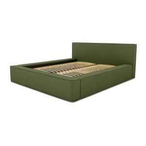Lit coffre DENALI – Olive bouclé – 160x200 cm – Tissu velours doux – Sommier relevable – Rangement intégré 