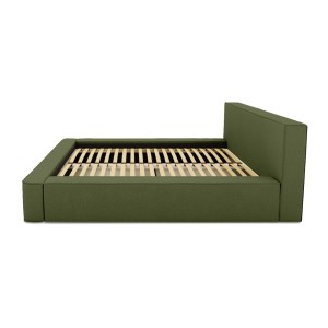 Lit coffre DENALI – Olive bouclé – 160x200 cm – Tissu velours doux – Sommier relevable – Rangement intégré 