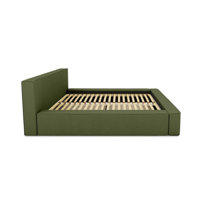 Lit coffre DENALI – Olive bouclé – 160x200 cm – Tissu velours doux – Sommier relevable – Rangement intégré 