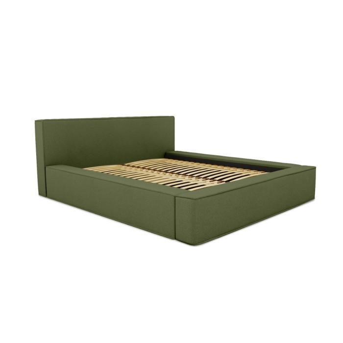 Lit coffre DENALI – Olive bouclé – 140x200 cm – Tissu velours doux – Sommier relevable – Rangement intégré 