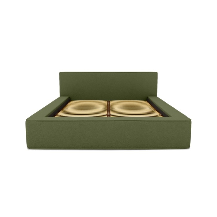 Lit coffre DENALI – Olive bouclé – 140x200 cm – Tissu velours doux – Sommier relevable – Rangement intégré 