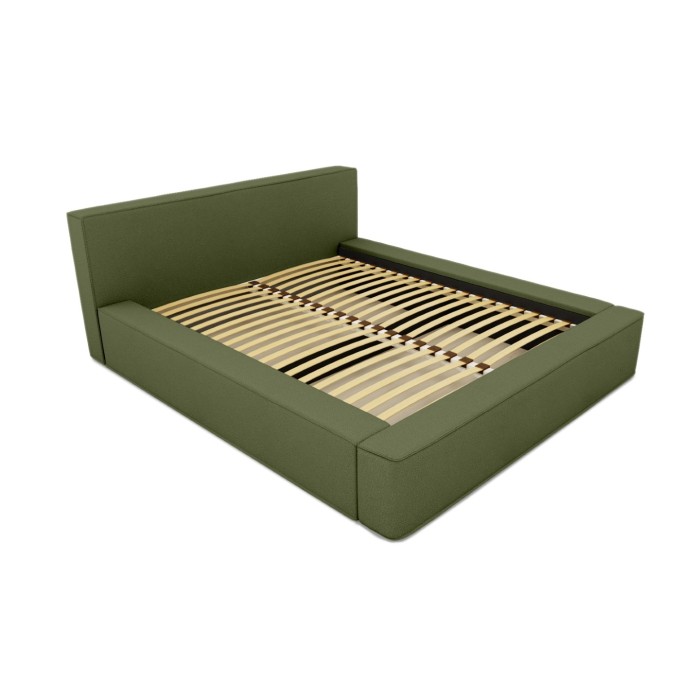 Lit coffre DENALI – Olive bouclé – 140x200 cm – Tissu velours doux – Sommier relevable – Rangement intégré 