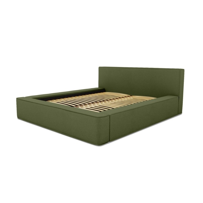 Lit coffre DENALI – Olive bouclé – 140x200 cm – Tissu velours doux – Sommier relevable – Rangement intégré 