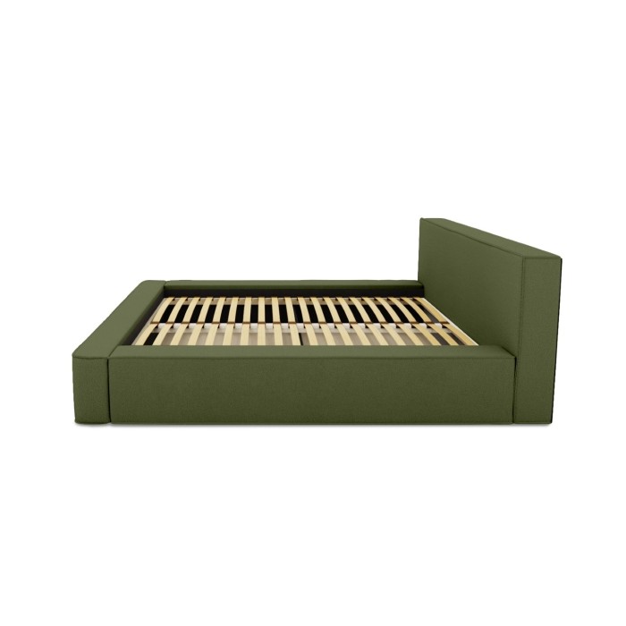 Lit coffre DENALI – Olive bouclé – 140x200 cm – Tissu velours doux – Sommier relevable – Rangement intégré 